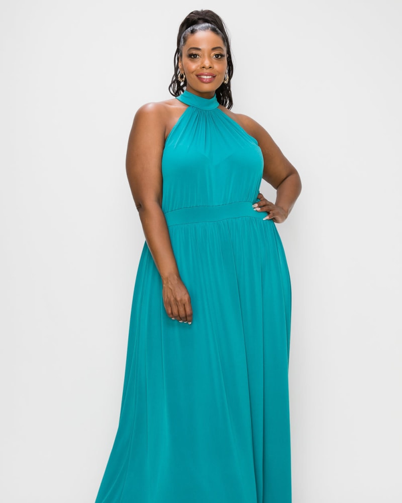 Front of a model wearing a size 1X Michelle Halter Maxi Dress in Jade by L I V D. | dia_product_style_image_id:240981